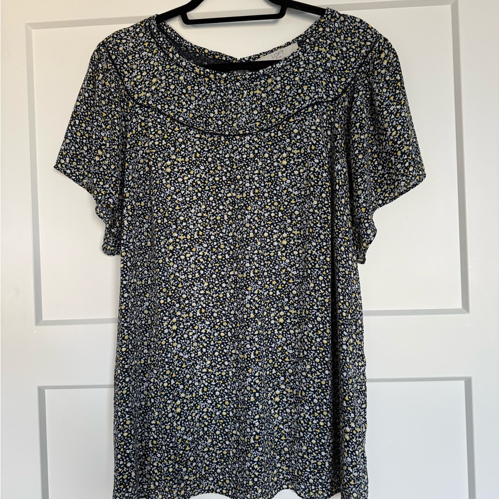 LOFT Navy Floral Short-Sleeve Blouse